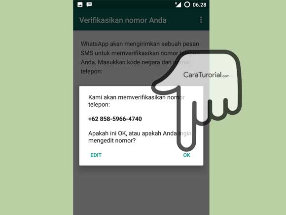 Ketuk OK Konfirmasi Verifikasi nomor telepon akun WhatsApp