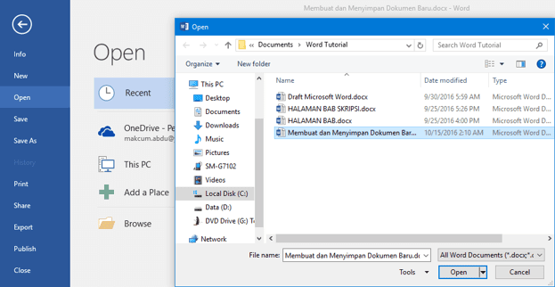 Open Document Word 2016