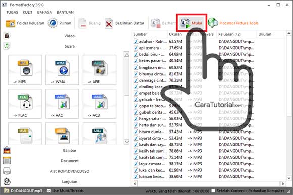 Klik Mulai untuk mengconvert video ke mp3 Mulai Konversi Video ke MP3 di Format Factory
