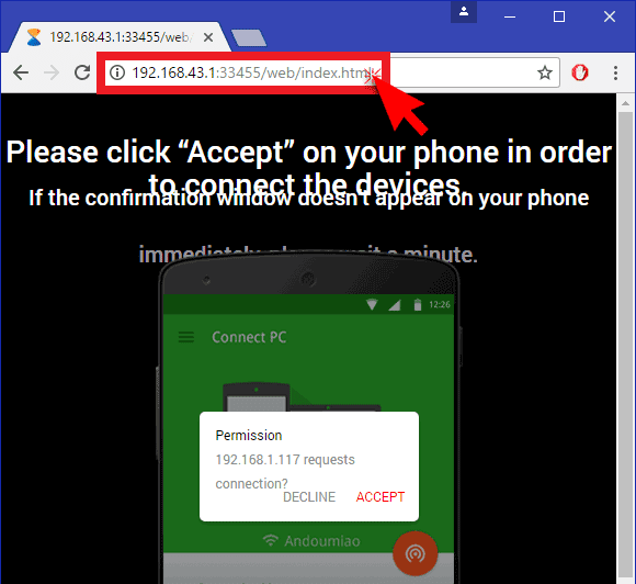 buka URL IP Address Xender melalui browser di PC 