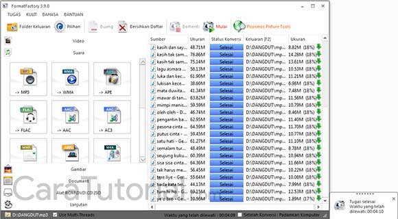 Proses convert telah selesai Status Konversi selesai di Format Factory