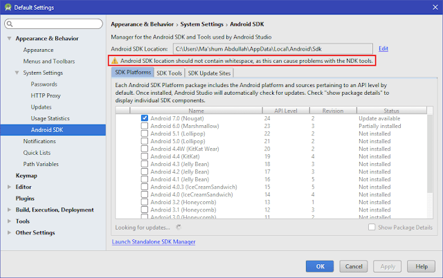 Android SDK location should not contain whitespace, as this can cause problems with the NDK tools Android SDK location should not contain whitespace, as this can cause problems with the NDK tools
