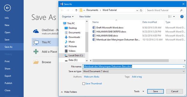 Save As Document Word 2016