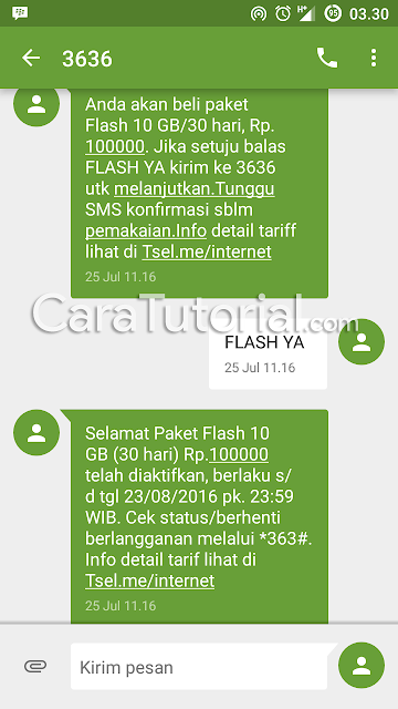 sms balasan mendaftar atau membeli paket internet telkomsel 10GB rp 100rb perbulan