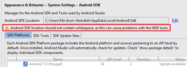 Android SDK location should not contain whitespace, as this can cause problem with NDK tools