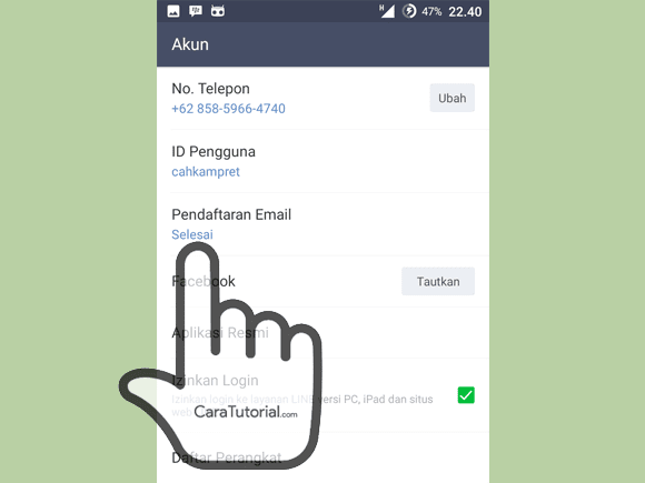 Pendaftaran Email LINE selesai Pendaftaran Email LINE selesai