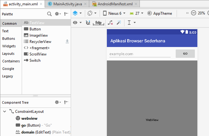 Gambar Design Aplikasi Browser Sederhana Android Studio Gambar Design activity_main.xml Gambar Design Aplikasi Browser Sederhana Android Studio Gambar Design activity_main.xml
