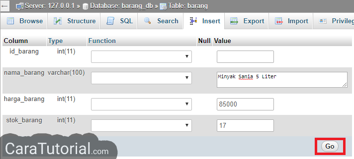 Insert data ke dalam tabel mysql phpmyadmin xampp Insert data ke dalam tabel mysql phpmyadmin xampp