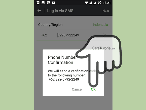Ketuk OK Phone number confirmation Wechat
